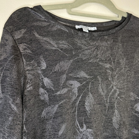 Chicos Long Sleeve Top Women L Dark Gray Metallic Floral Print Crew Neck - Picture 2 of 5